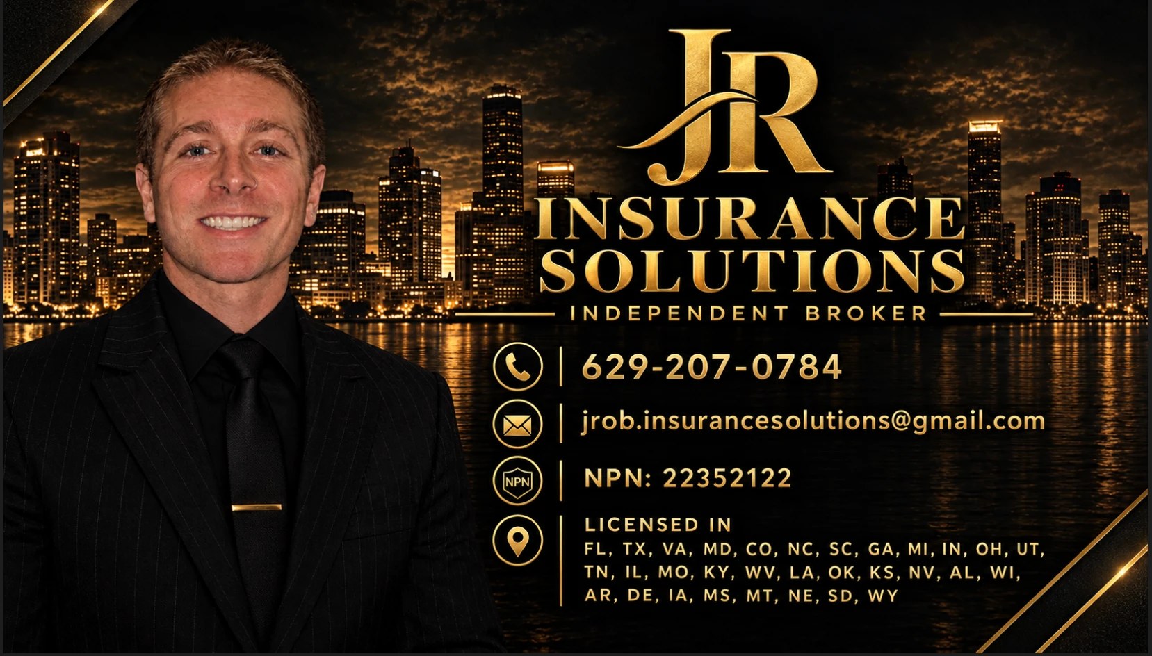 Jake Robertson's business card: JR Insurance Solutions, 629-207-0784, NPN 22352122